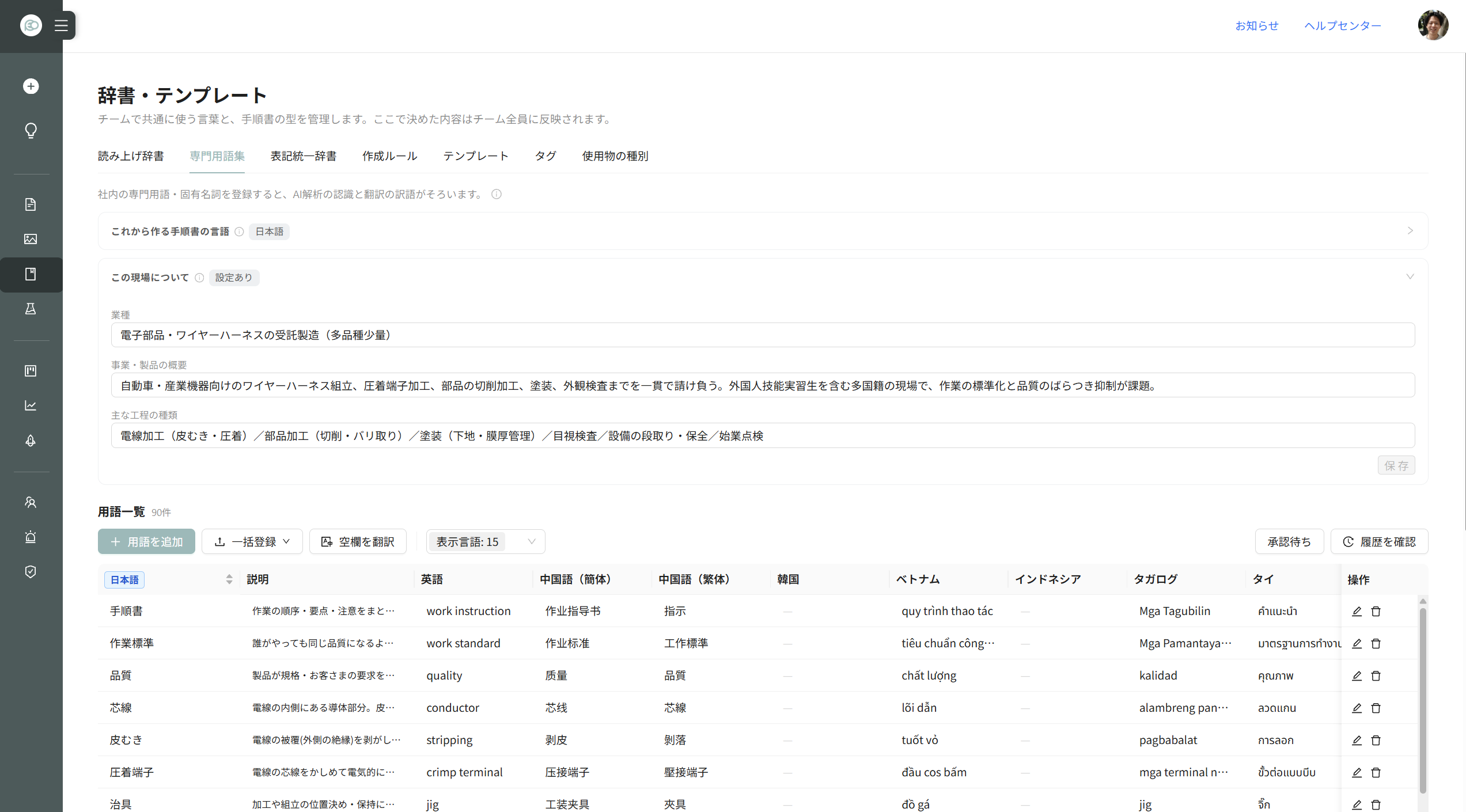 専門用語集タブの［この現場について］と用語一覧
