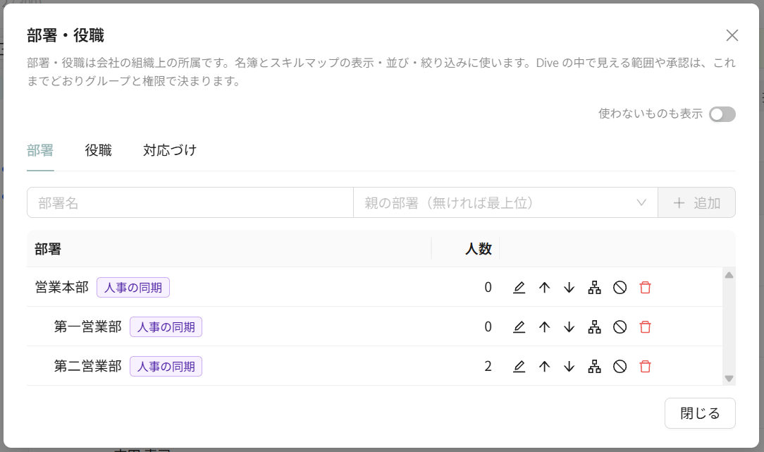 部署・役職の一覧（部署タブ）