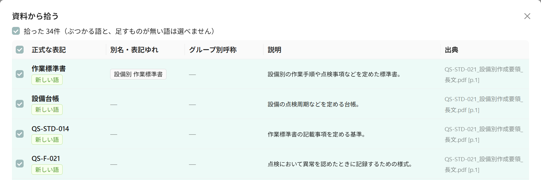 資料から拾う（AI）の確認の一覧