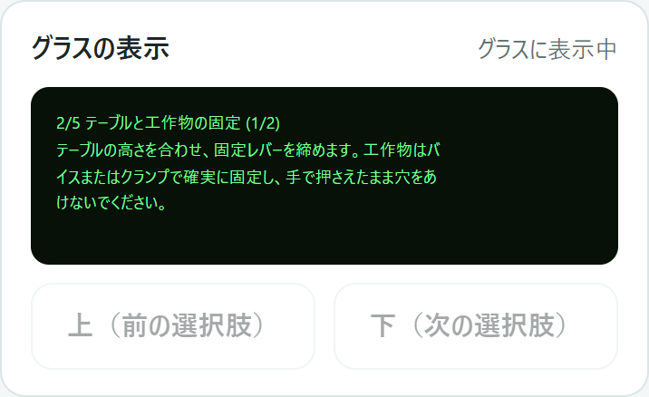 スマートフォンの画面の「グラスの表示」。グラスに出ている文字と同じものが表示される